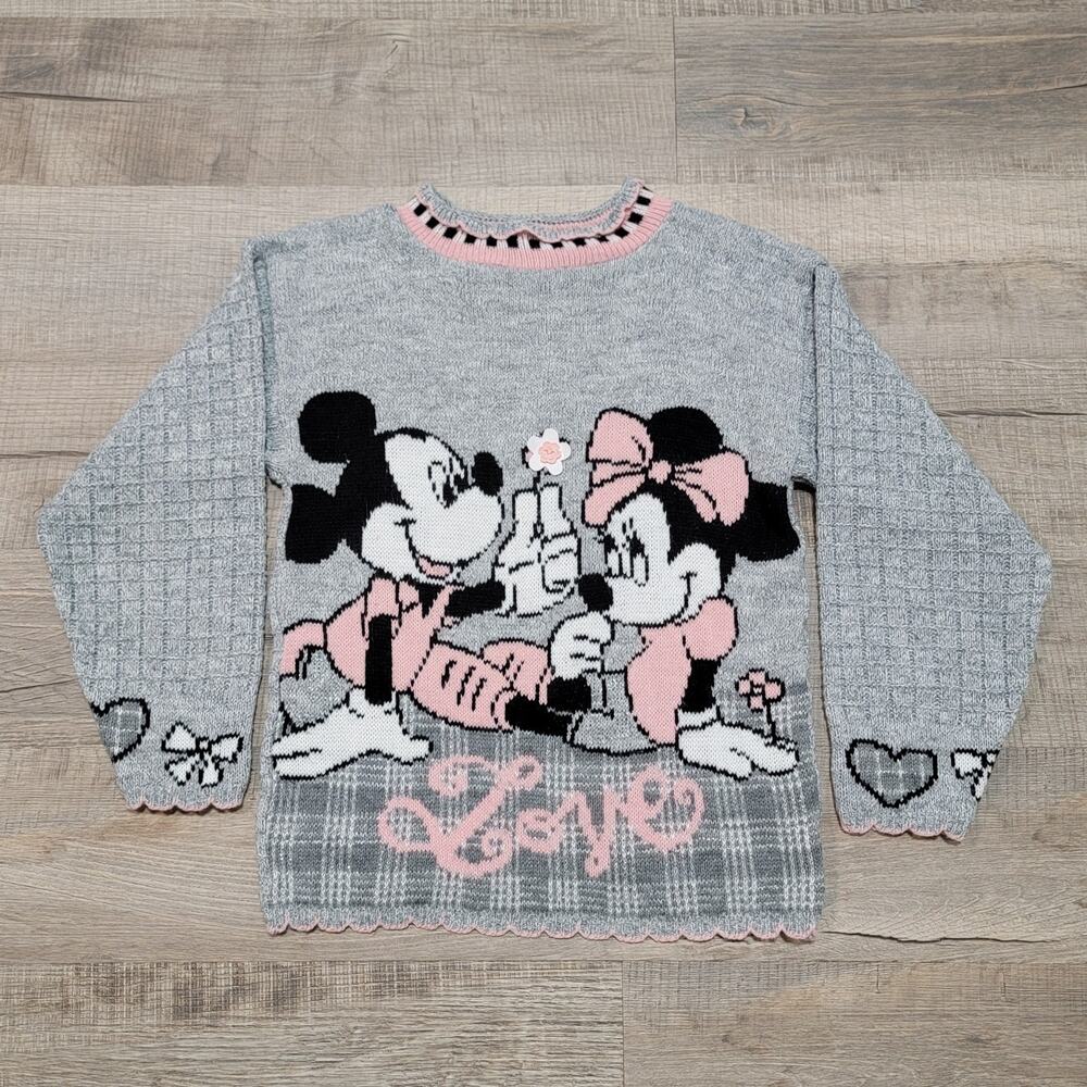 VTG 90s Mickeys Stuff for‎ Kids Scalloped Sweater "Love" Minnie Pink Heart Print